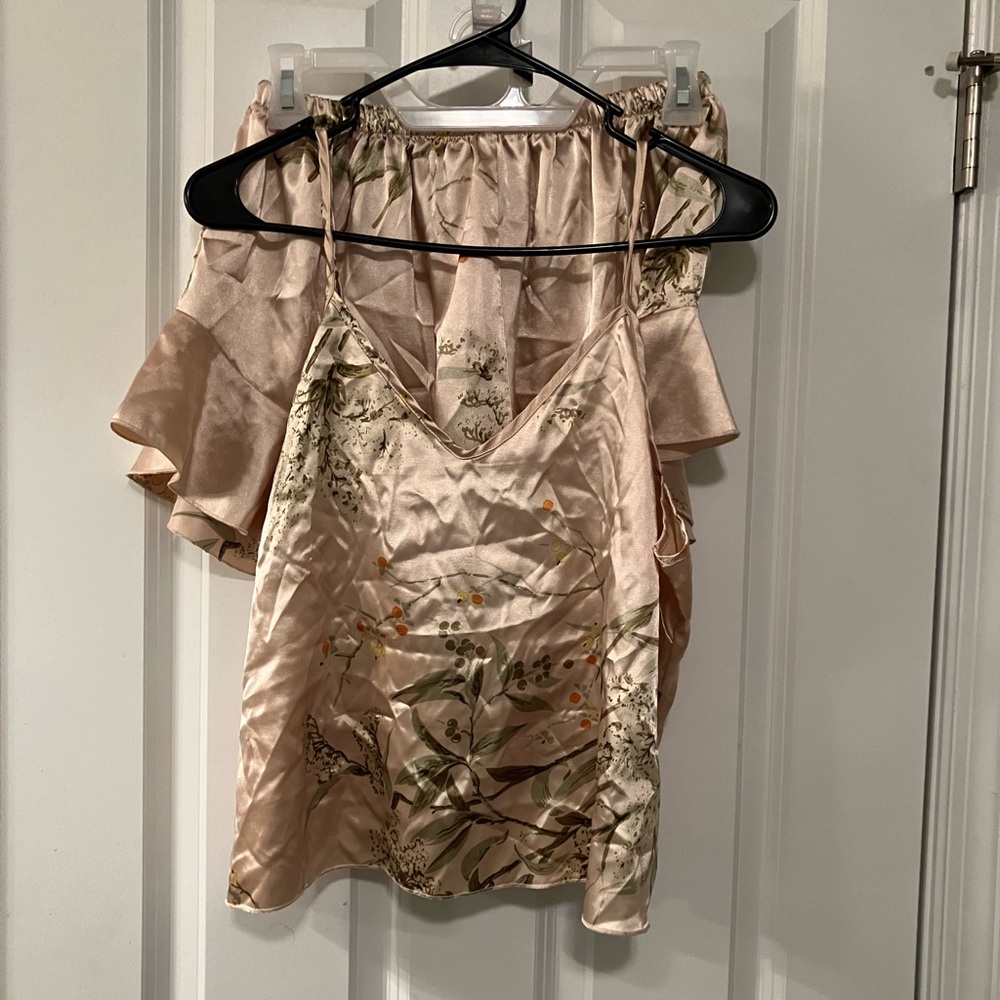 Floral & Champagne Satin V-Neck Top & Pajama Shorts